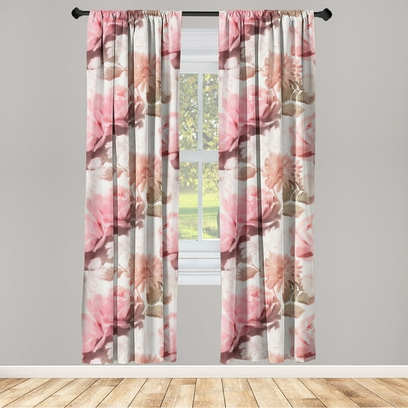 Floral Window Curtains, Roses and Gerberas Tender Blossoms of Spring Blurry Vintage Effect Romantic, Lightweight Decor 2-Panel Set with Rod Pocket, Pair of - 28"x95", Pale Pink Dark Tan, by Ambesonne