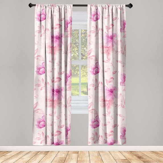 Floral Window Curtains, Spring Vibes Pastel Drawn Like Blossom Pattern With Leaves on Pinky Back, Lightweight Decor 2-Panel Set with Rod Pocket, Pair of - 28"x63", Blush Rose and Beige, by Ambesonne