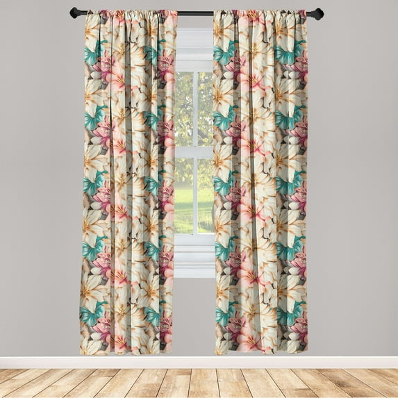 Floral Window Curtains, VIntage Flower Pattern Lily Like Blossoms Watercolor Effect Pastel Tone, Lightweight Decor 2-Panel Set with Rod Pocket, Pair of - 28"x63", Almond Rose Turquoise, by Ambesonne
