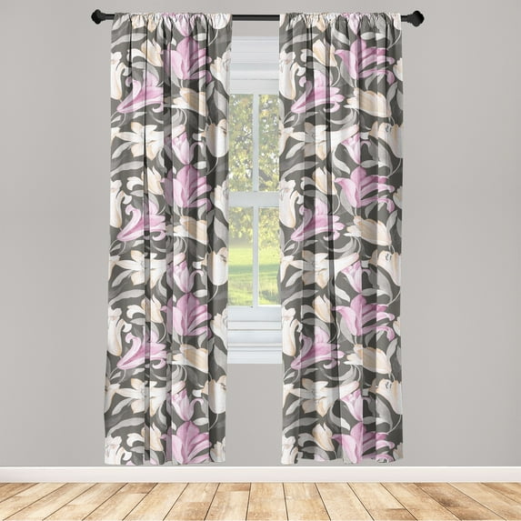 Floral Window Curtains, Vintage Style Blossoming Lily Flowers Nostalgic Garden of Romance Pattern, Lightweight Decor 2-Panel Set with Rod Pocket, Pair of - 28"x84", Grey Pink and Peach, by Ambesonne