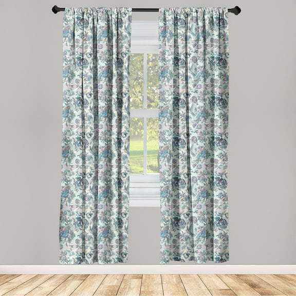 Floral Window Curtains, Vintage Style Colorful Wild Jungle Themed Bird and Blossom Drawing, Lightweight Decor 2-Panel Set with Rod Pocket, Pair of - 28"x95", Pale Blue and Multicolor, by Ambesonne
