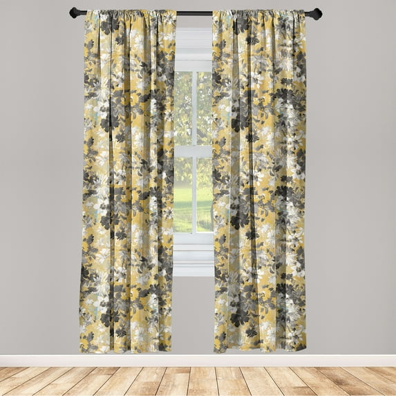 Floral Window Curtains, Vintage Summer Flowers in Achromatic Tones and Watercolor Design Pattern, Lightweight Decor 2-Panel Set with Rod Pocket, Pair of - 28"x84", Dark Yellow and Grey, by Ambesonne