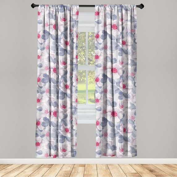 Floral Window Curtains, Watercolor Design Blooming Tender Spring Flowers and Leaves Soft Colors, Lightweight Decor 2-Panel Set with Rod Pocket, Pair of - 28"x84", Ceil Blue Dark Coral, by Ambesonne