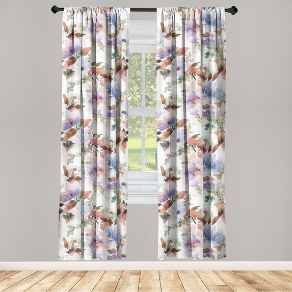Floral Window Curtains, Watercolor Painting Print of Leaves Petals Blossoming Vintage Flowers, Lightweight Decor 2-Panel Set with Rod Pocket, Pair of - 28"x95", Redwood Lavender Green, by Ambesonne
