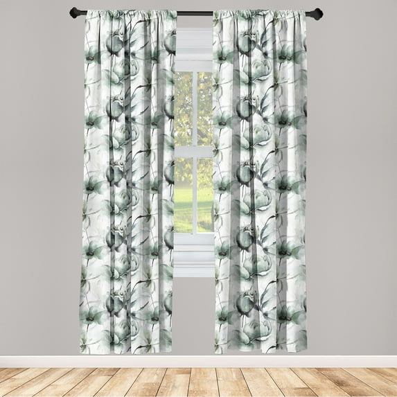 Floral Window Curtains, Watercolor Pastel Summer Flowering Branches Exotic Branches Print, Lightweight Decor 2-Panel Set with Rod Pocket, Pair of - 28"x63", Laurel Green and Pale Grey, by Ambesonne