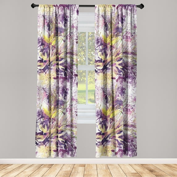 Floral Window Curtains, Watercolor Scene of Wild Flowers Pastel Plum Toned Splatter Print, Lightweight Decor 2-Panel Set with Rod Pocket, Pair of - 28"x63", Purple Mustard and Lime Green, by Ambesonne