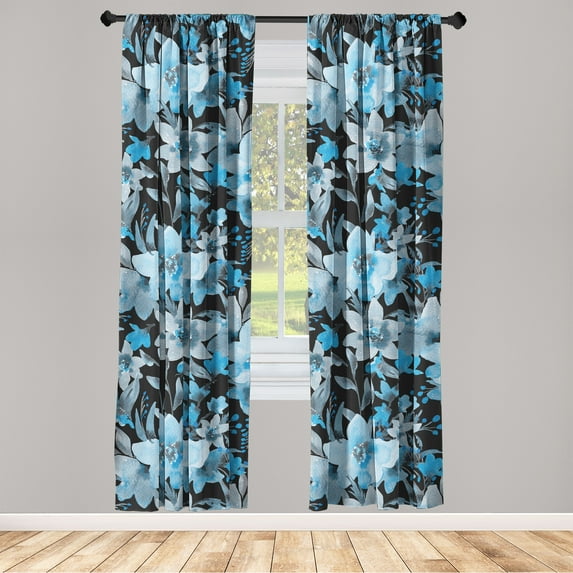 Floral Window Curtains, Watercolor Style Blooming Cold Colored Wild Flowers on Dark Background, Lightweight Decor 2-Panel Set with Rod Pocket, Pair of - 28"x84", Black Sky Blue and Grey, by Ambesonne