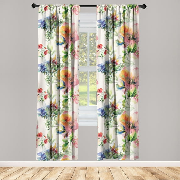 Floral Window Curtains, Watercolor Style Flowers Wild Blossoming of Meadow Nature Concept, Lightweight Decor 2-Panel Set with Rod Pocket, Pair of - 28"x63", Pink Green and Blue Violet, by Ambesonne