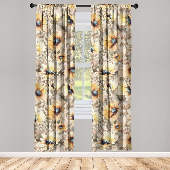 Floral Window Curtains, Watercolor Themed Print of Blooming Summer Dream Meadow Petals, Lightweight Decor 2-Panel Set with Rod Pocket, Pair of - 28"x63", Sepia Mustard and Pale Orange, by Ambesonne