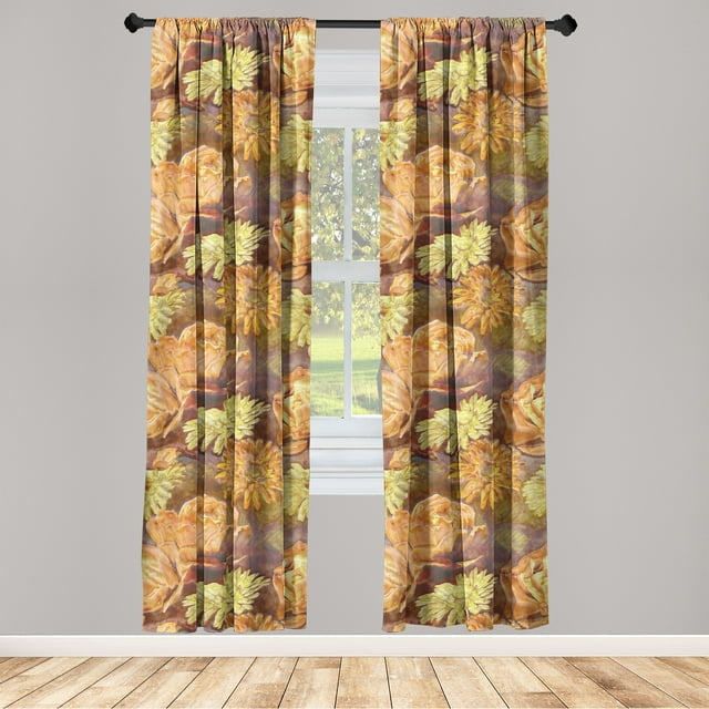 Floral Window Curtains, Watercolor Warm Tone Design of Nostalgic Flowers Blossoming Fall Colors, Lightweight Decor 2-Panel Set with Rod Pocket, Pair of - 28"x95", Mustard Apricot Redwood, by Ambesonne