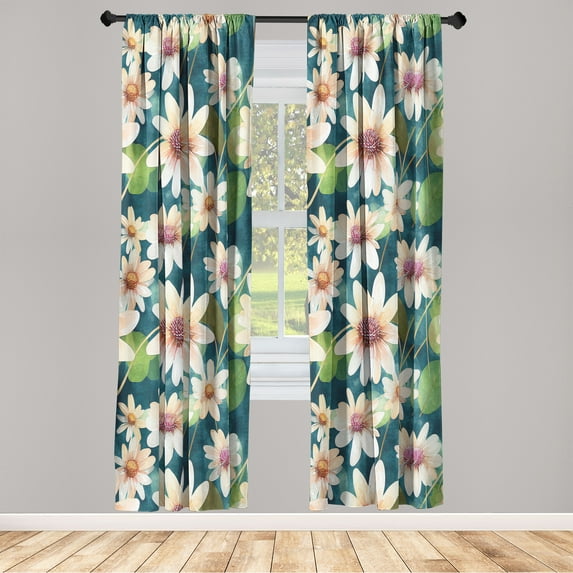 Floral Window Curtains, Waterlily Leaves and Blooming Summer Flowers Wild Garden of Flourishes, Lightweight Decor 2-Panel Set with Rod Pocket, Pair of - 28"x63", Fern Green Peach Teal, by Ambesonne