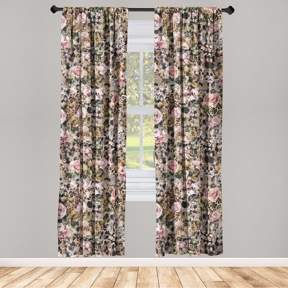 Floral Window Curtains, Wild Nature Themed Digital Illustrated Rose Pattern With Leopard Skin Ornament, Lightweight Decor 2-Panel Set with Rod Pocket, Pair of - 28"x63", Rose Warm Taupe, by Ambesonne