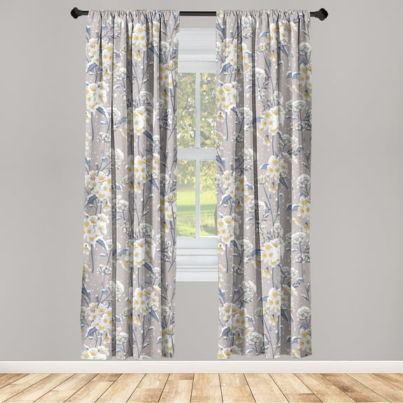 Floral Window Curtains, Winter Themed Snowy Meadow Flowers Retro Influences Garden Blooming, Lightweight Decor 2-Panel Set with Rod Pocket, Pair of - 28"x63", White Ceil Blue and Apricot, by Ambesonne