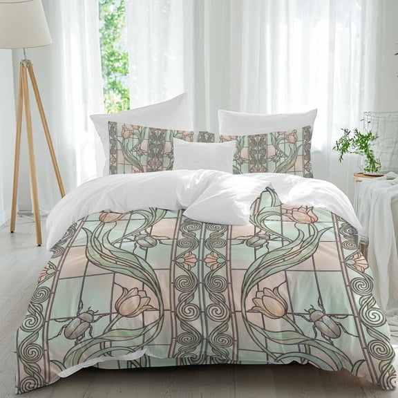 Floral Window Duvet Cover Set Queen Size, Retro Pink Floral Leaf Beetles Stained Glass 4 Piece Soft Microfiber Bedding Set with Zipper Closure, 1 Comforter Cover, 1 Flat Sheet, 2 Pillowcases