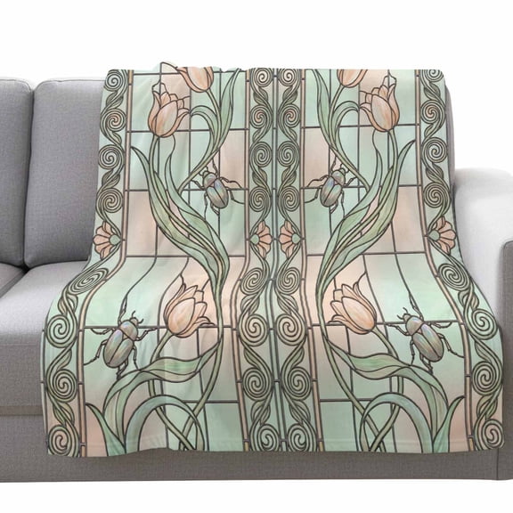 Floral Window Fleece Throw Blanket Lightweight Retro Pink Floral Leaf Beetles Stained Glass Fuzzy Flannel Throws Super Soft Cozy Flannel Blanket for Couch, Sofa, Bed, Travel 50"x80"