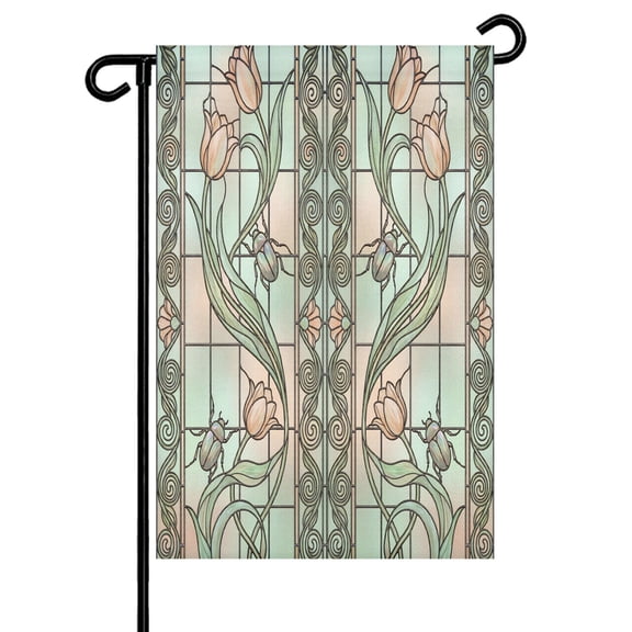 Floral Window Garden Flag 12x18 Inch Retro Pink Floral Leaf Beetles Stained Glass Double Sided Small Decorative Garden Flags for Outside, Outdoor Yard Porch Lawn Decoration
