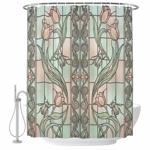 Floral Window Shower Curtain for Bathroom, Retro Pink Floral Leaf Beetles Stained Glass Waterproof Cloth Fabric Bathroom Accessories Set with 9 Rust Proof Plastic Hooks, 36"x72"