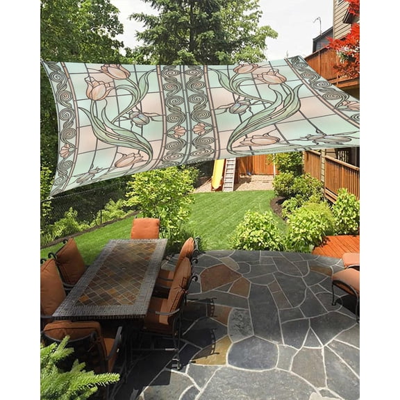 Floral Window Sun Shade Sail 14'X18' Retro Pink Floral Leaf Beetles Stained Glass UV Block Outdoor Sail Shades Breathable Waterproof Rectangular Sunshade for Patio Garden Pool Pergola Porch