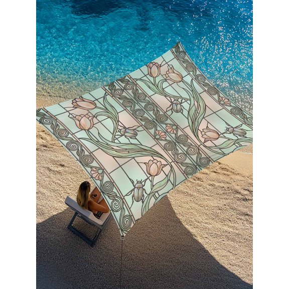 Floral Window Sun Shade Sail 14' x 18', Retro Pink Floral Leaf Beetles Stained Glass Rectangle Outdoor Sunshade Canopy, Waterproof UV Block Patio Covers for Garden Yard Beach