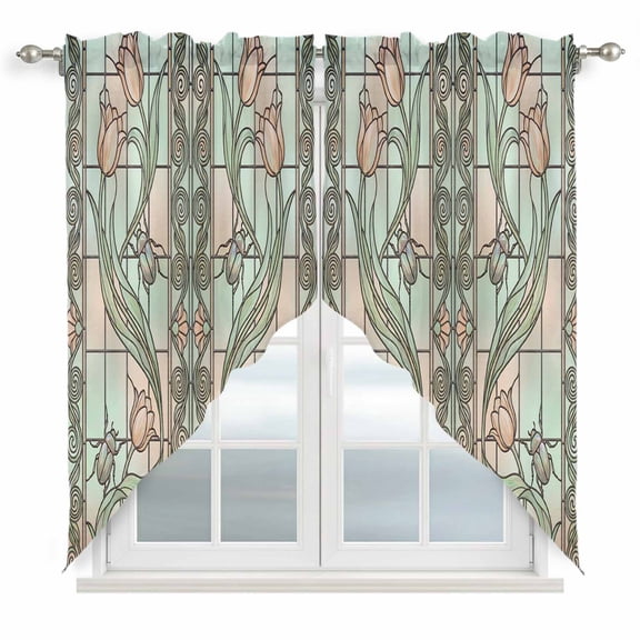 Floral Window Swag Curtain Valance for Window 2 Panels Retro Pink Floral Leaf Beetles Stained Glass Rod Pocket Small Window Swag Valances for Kitchen Bedroom Bathroom 28" W x 36" L