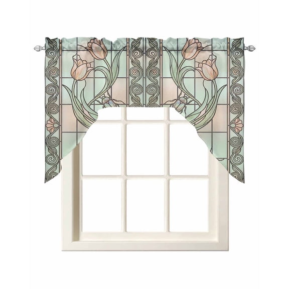 Floral Window Swag Valance for Window, Retro Pink Floral Leaf Beetles Stained Glass Light Filtering Swag Curtain Rod Pocket Kitchen Curtain Valance for Bedroom