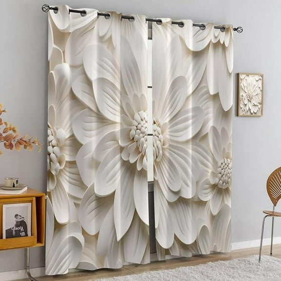 Floral Window Treatments, 3D Relief Flower Blackout Curtains For Bedroom, Grommet Thermal Curtains For Kitchen, White Flower Drapes, Floral Home Decor 26"W x 45"L (Pack of 2)