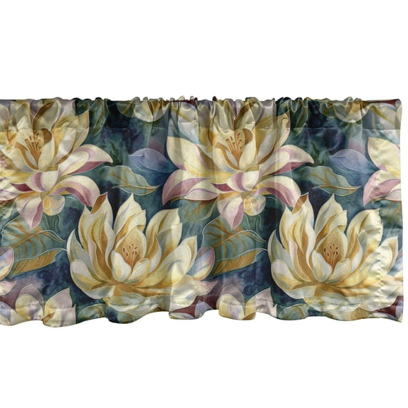 Floral Window Valance, Blossoming Lotus Flowers Watercolor Waterlily on Green and Navy Back, Curtain Valance for Kitchen Bedroom with Rod Pocket, 54" X 18", Dried Rose Pastel Yellow, by Ambesonne