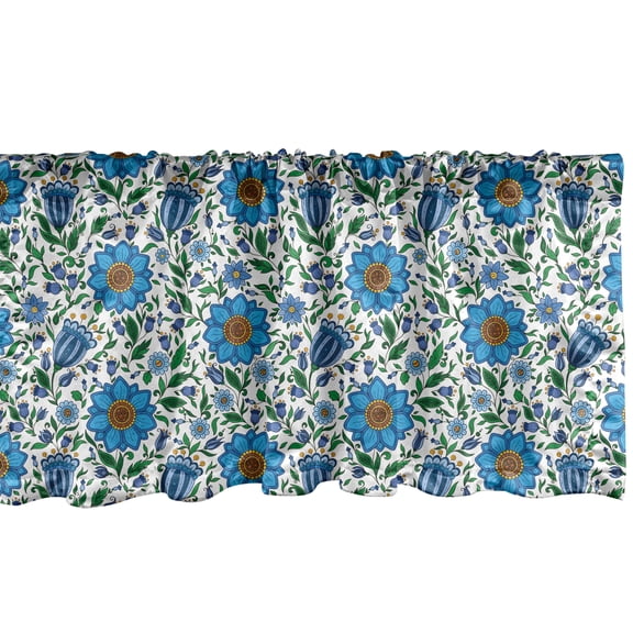 Floral Window Valance, Continuous Eastern Themed European Flower Motifs in Style Art, Curtain Valance for Kitchen Bedroom Decor with Rod Pocket, 54" X 12", Sea Blue Umber, by Ambesonne