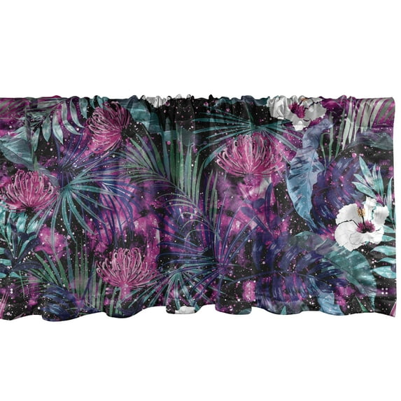 Floral Window Valance, Cosmos Garden of Universe Flowers and Tropical Leaves Galaxy Starry Motif, Curtain Valance for Kitchen Bedroom with Rod Pocket, 54" X 18", Fuchsia Purple Teal, by Ambesonne
