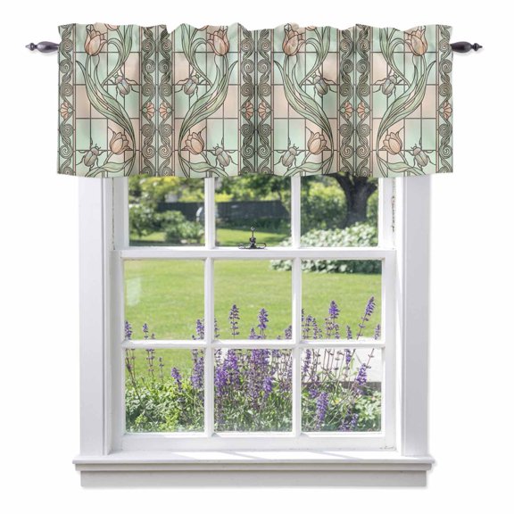 Floral Window Valance Curtain Retro Pink Floral Leaf Beetles Stained Glass Window Valances Rod Pocket Short Curtains Window Treatments for Kitchen Bedroom Bathroom Laundry 42" x 12"
