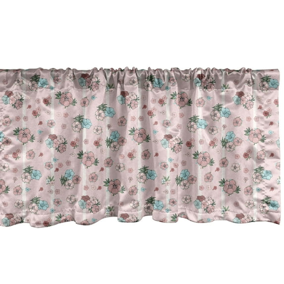 Floral Window Valance, Exotic Colorful Flowers in Repetitive Style on Rose Background with White Stripes, Curtain Valance for Kitchen Bedroom Decor with Rod Pocket, 54" X 18", Multicolor, by Ambesonne