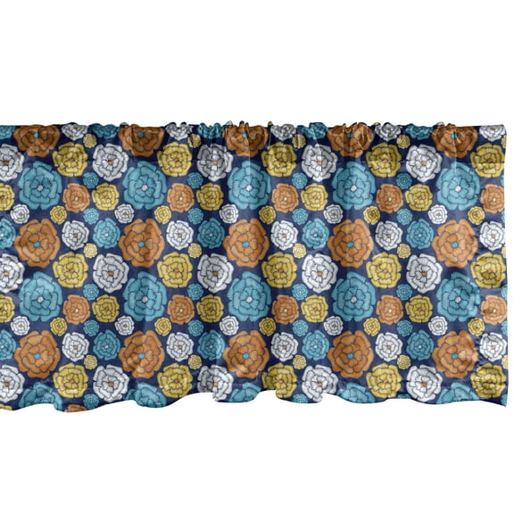 Floral Window Valance, Folk Design Flowers on Dark Background, Curtain Valance for Kitchen Bedroom Decor with Rod Pocket, 54" X 18", Night Blue Multicolor, by Ambesonne
