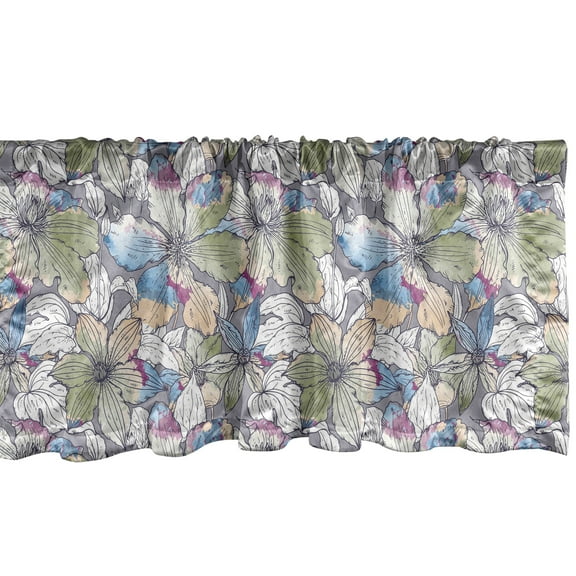 Floral Window Valance, Garden Themed Clematis Blooms Watercolor Style Art with Grunge Hues Print, Curtain Valance for Kitchen Bedroom with Rod Pocket, 54" X 18", Purpleblue Multicolor, by Ambesonne