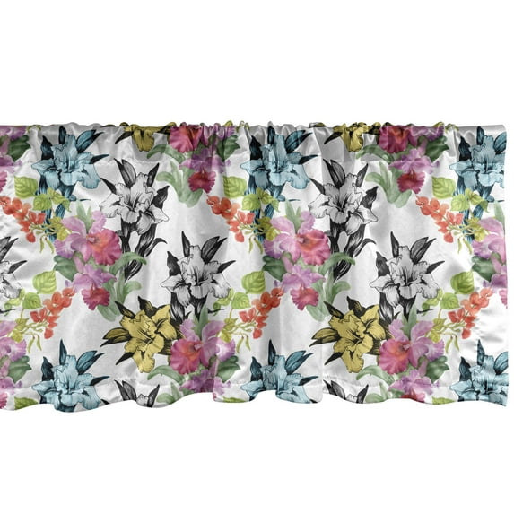 Floral Window Valance, Greyscale Sketch Combined Tropical Colorful Daffodils Spring Blooming Pattern, Curtain Valance for Kitchen Bedroom Decor with Rod Pocket, 54" X 12", Multicolor, by Ambesonne