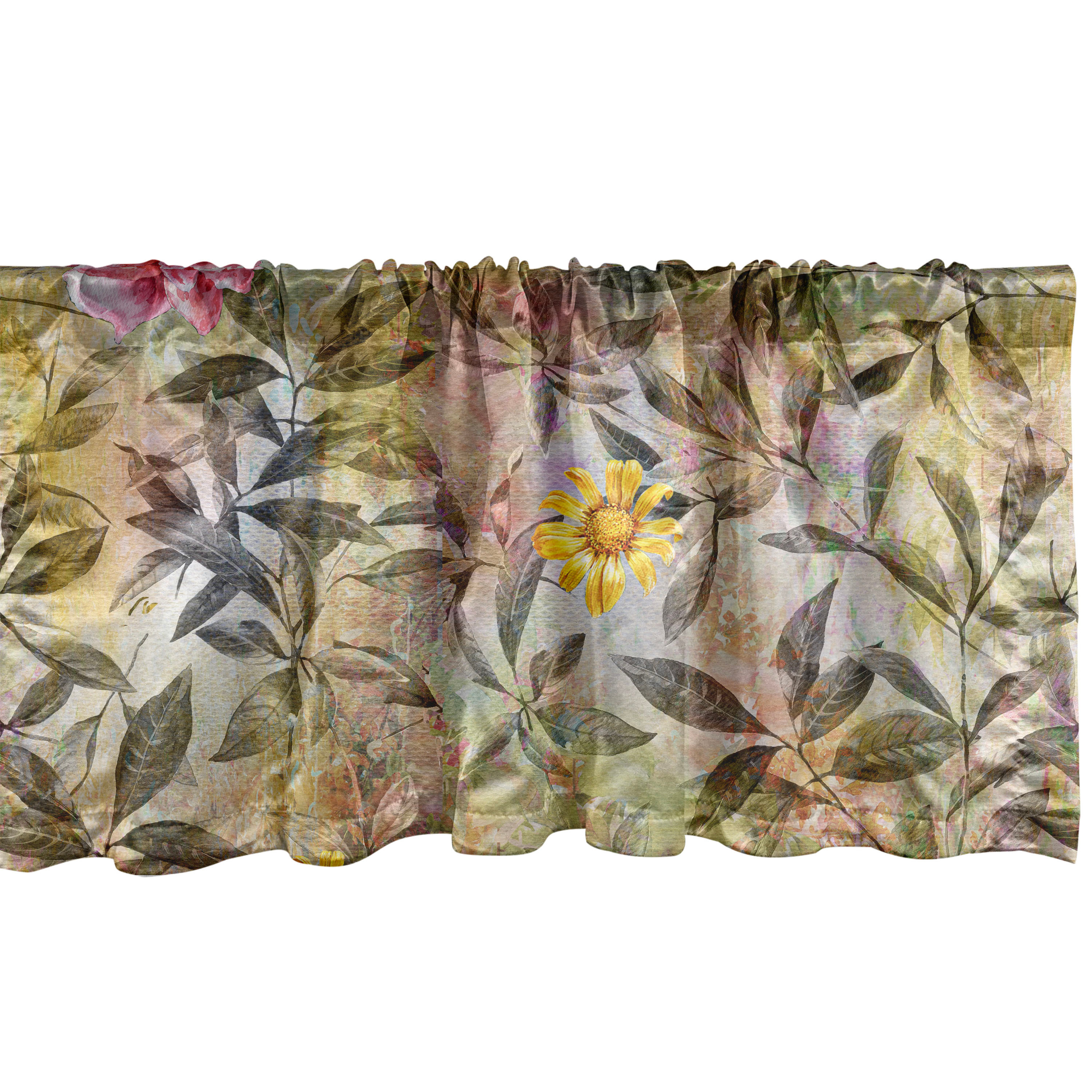 Floral Window Valance, Leaf Prints and Summer Flowers Blooming Jumble ...