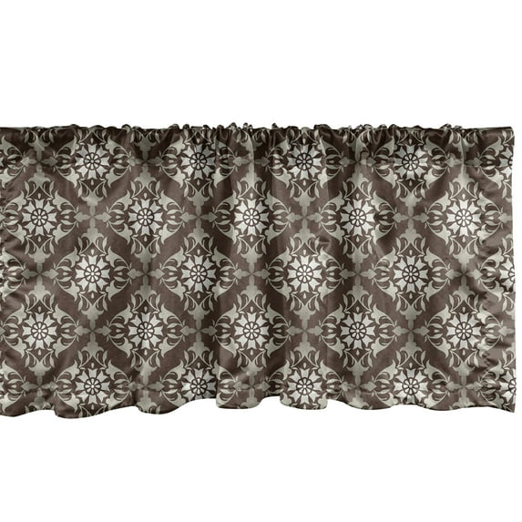 Floral Window Valance, Oriental Vibes Damask Style Illustrated Blossom Pattern on Vintage Brown Tone Back, Curtain Valance for Kitchen Bedroom with Rod Pocket, 54" X 18", Umber Ivory, by Ambesonne