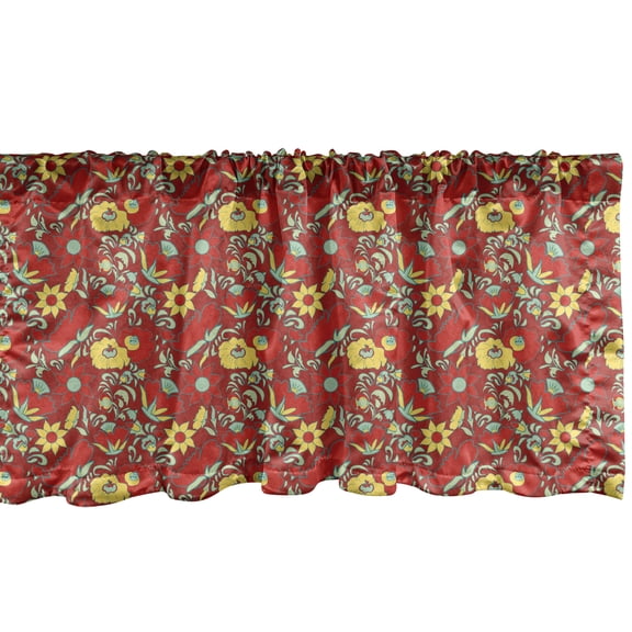 Ambesonne Floral Valance Pack of 2, Folk Art Style Ethnic Petals, 54"X12", Ruby Mustard Mint Green
