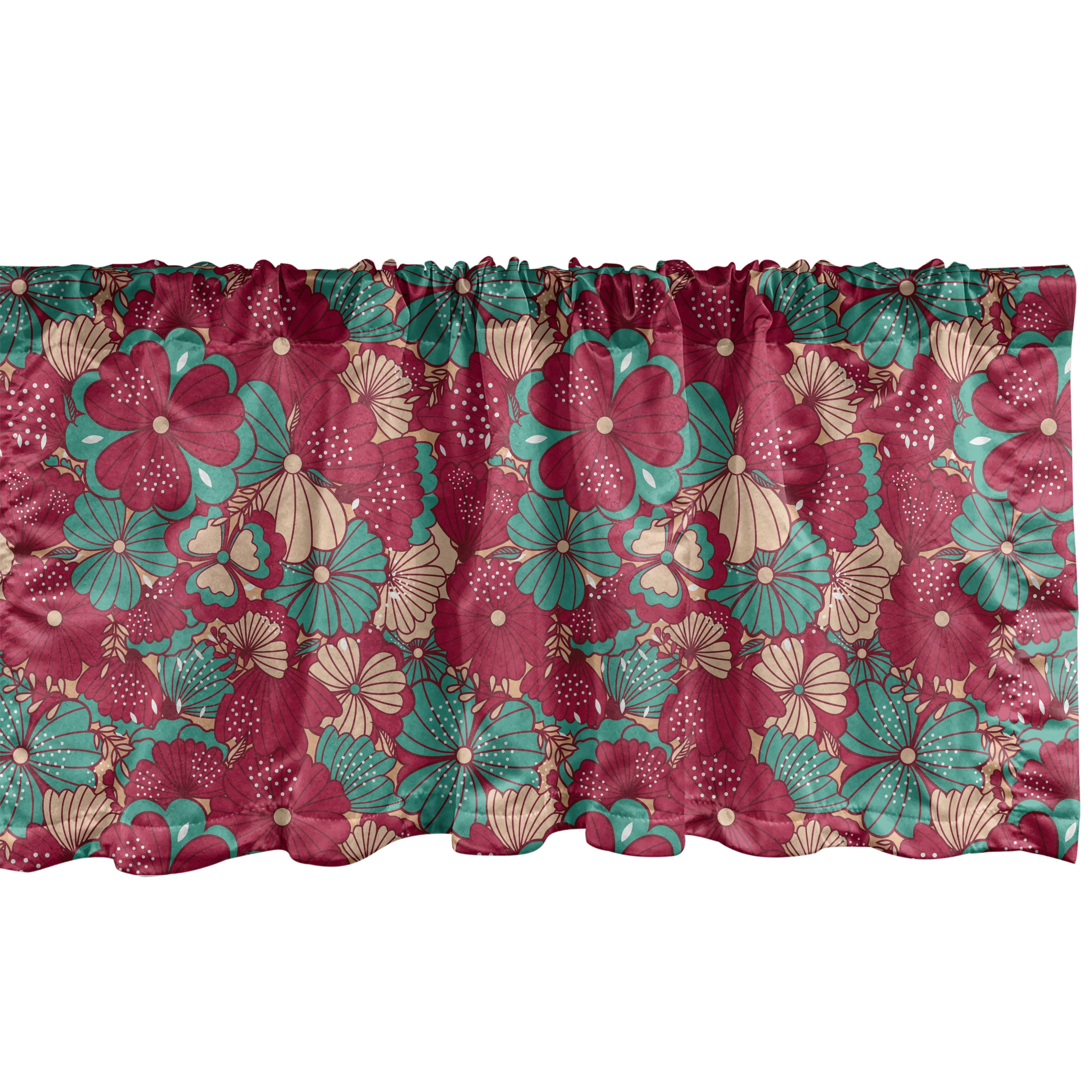 Peach Dark Coral Floral Satin Rod Pocket Valance Set