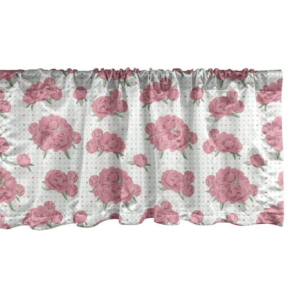 Floral Window Valance, Peony Flowers with Dots on Background, Curtain Valance for Kitchen Bedroom Decor with Rod Pocket, 54" X 12", Pastel Pink Sage Green, by Ambesonne