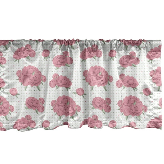 Floral Window Valance, Peony Flowers with Dots on Background, Curtain Valance for Kitchen Bedroom Decor with Rod Pocket, 54" X 18", Pastel Pink Sage Green, by Ambesonne