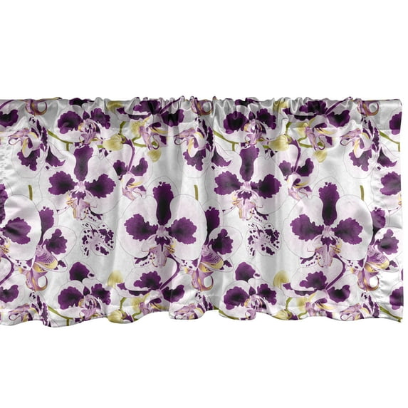 Floral Window Valance, Phalaenopsis Orchid Flowers with Buds Tropical Plants Botanical Theme, Curtain Valance for Kitchen Bedroom with Rod Pocket, 54" X 12", Dark Purple White Khaki, by Ambesonne