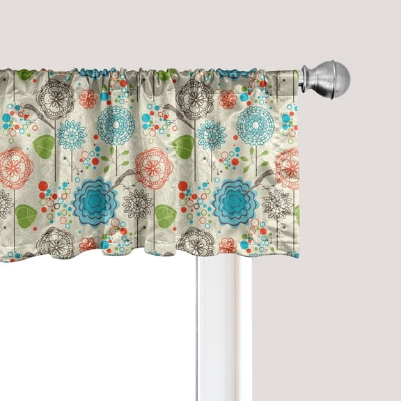 Floral Window Valance, Retro Doodle Flower Field Dandelions Daisy Birds Circles Cheerful Image, Curtain Valance for Kitchen Bedroom Decor with Rod Pocket, 54" X 18", Deep Sky Blue