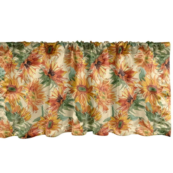 Floral Window Valance, Retro Summer Season Sunflower Petals and Leaves Vintage Country Artwork, Curtain Valance for Kitchen Bedroom with Rod Pocket, 54" X 18", Marigold Beige Green, by Ambesonne