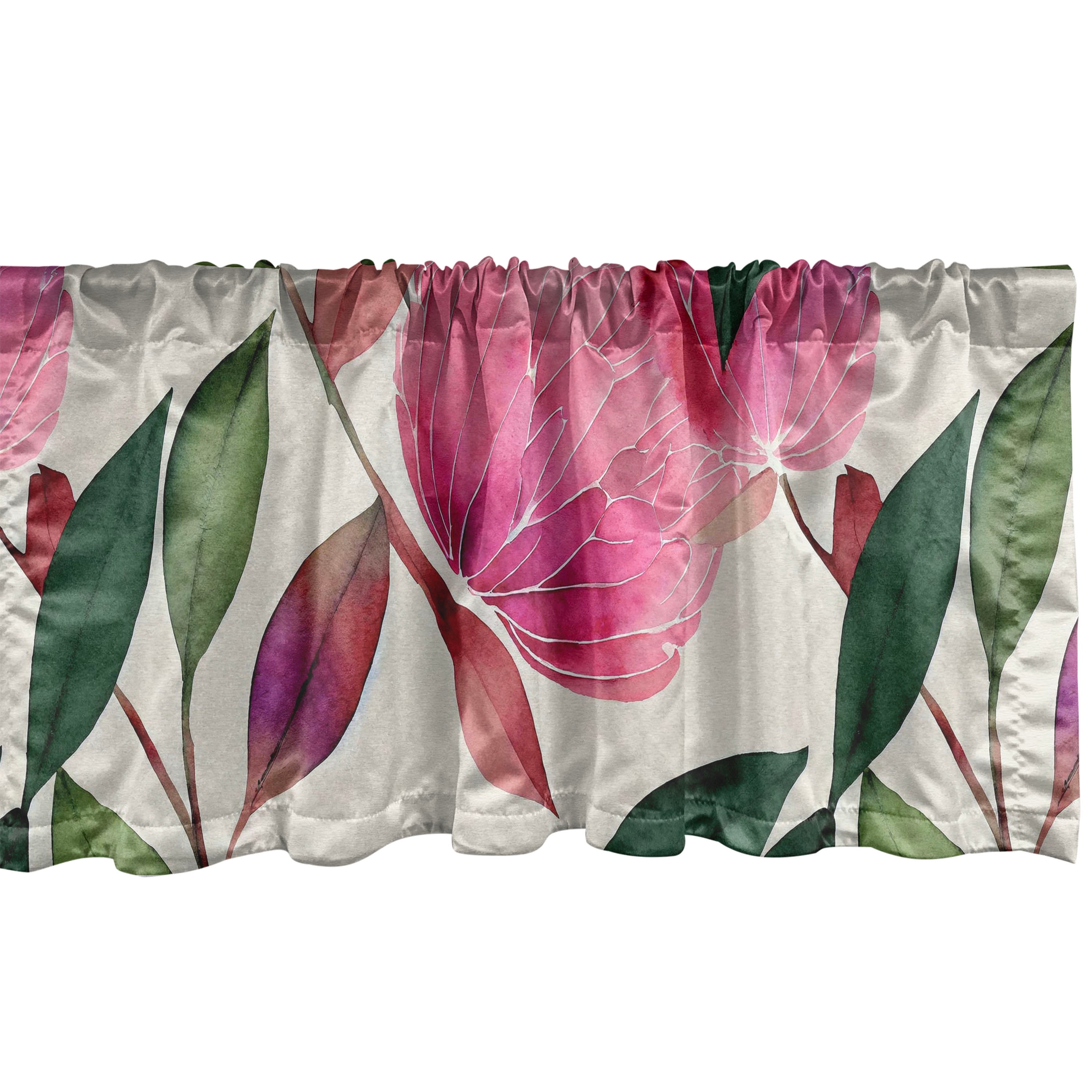 Floral Window Valance, Retro Themed Botanical Flower Drawing Watercolor ...