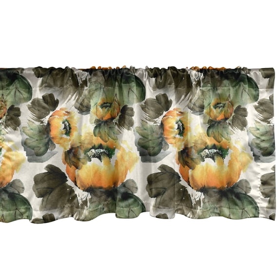 Floral Window Valance, Romantic Style Garden Theme Watercolor Botanical Blossoms Print, Curtain Valance for Kitchen Bedroom with Rod Pocket, 54" X 18", Olive Green and Earth Yellow, by Ambesonne