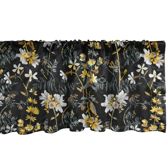 Floral Window Valance, Summer Meadow Themed Flower Blossoms on Dark Backdrop Botanical Pattern, Curtain Valance for Kitchen Bedroom with Rod Pocket, 54" X 18", Mustard Grey and Black, by Ambesonne