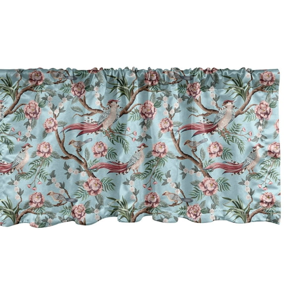 Floral Window Valance, Vintage Nature Themed Retro Style Bird Print and Branches Floral Bloom, Curtain Valance for Kitchen Bedroom with Rod Pocket, 54" X 18", Soft Blue and Dried Rose, by Ambesonne
