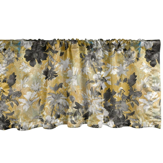 Floral Window Valance, Vintage Summer Flowers in Achromatic Tones and Watercolor Design Pattern, Curtain Valance for Kitchen Bedroom with Rod Pocket, 54" X 18", Dark Yellow and Grey, by Ambesonne