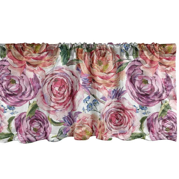 Floral Window Valance, Watercolor Design Blossoming Wild Peony Ornamental Spring Love, Curtain Valance for Kitchen Bedroom with Rod Pocket, 54" X 18", Salmon Pale Purple and Green, by Ambesonne