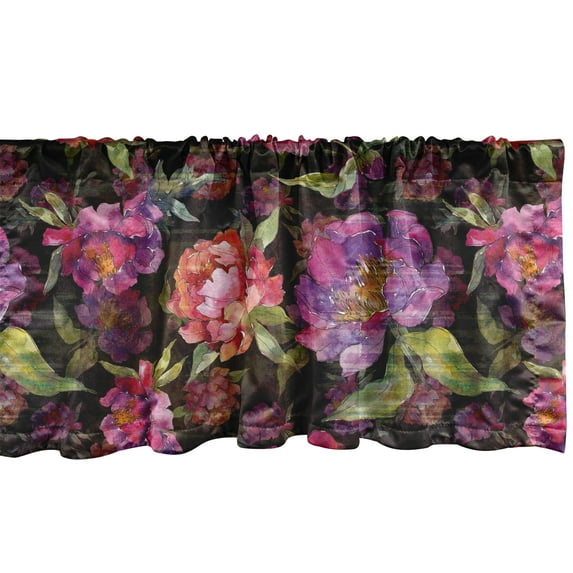 Floral Window Valance, Watercolor Design Colorful Peony Flowers on Black Background Spring Vibes, Curtain Valance for Kitchen Bedroom with Rod Pocket, 54" X 18", Purple Pink Salmon, by Ambesonne